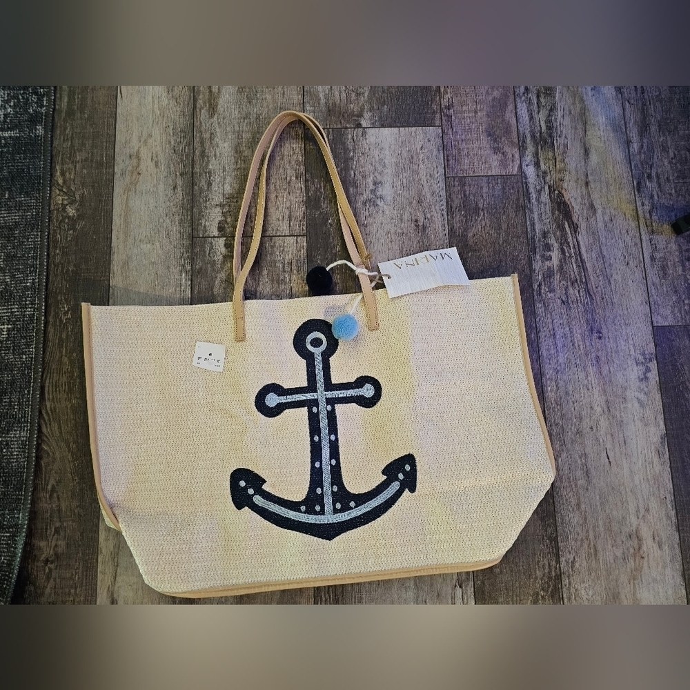 Nwt!  Marina Anchor Canvas Tote Handbag Natural Blue